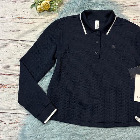 NWT Lululemon Textured Long-Sleeve Tennis Polo Shirt True Navy / White - Picture 6 of 9